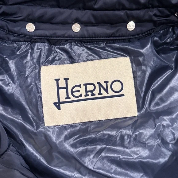 Herno Women's Navy Blue Removable Windblocker Hooded Down Coat Jacket Size M 44 - Picture 10 of 16